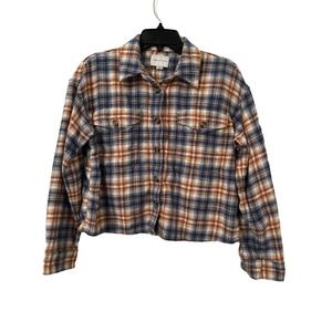 American Eagle Flannel Shirt Women’s Large Brown Cropped Plaid Long Sleeves